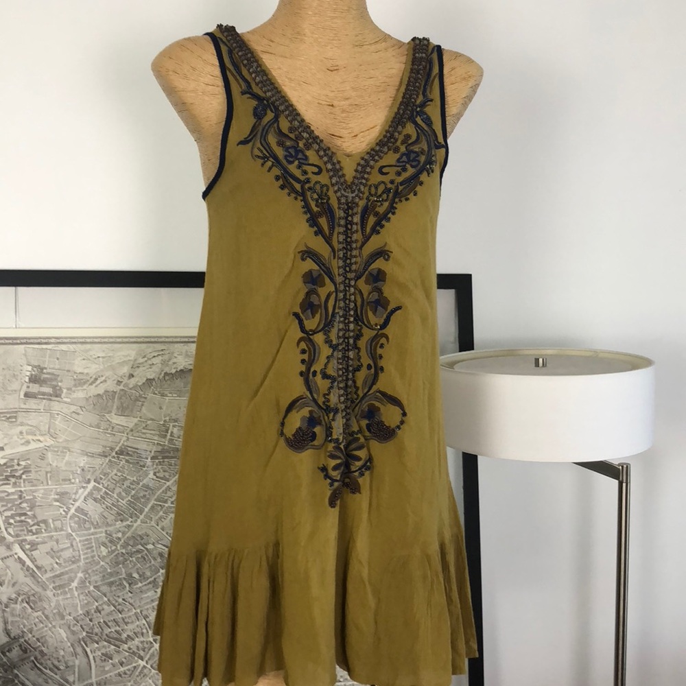 Free People Olive Green Embroidered Midi Dress with Navy Accents